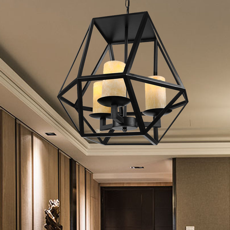 Modern Industrial Geometric Cage Chandelier - 3 Head Metallic Ceiling Lamp with Inner Glass Shade in Black