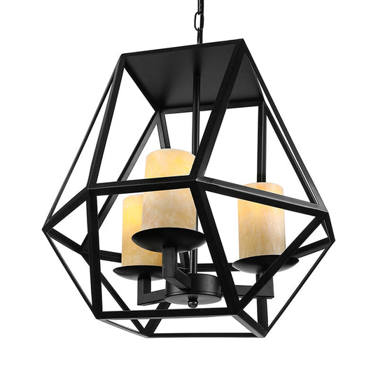 Modern Industrial Geometric Cage Chandelier - 3 Head Metallic Ceiling Lamp with Inner Glass Shade in Black