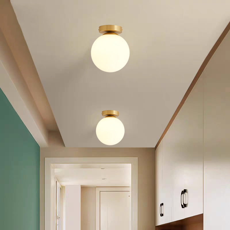 Sleek Minimalist Single Entryway Flush Mount Ceiling Light With Gold Accent & White Glass / 6