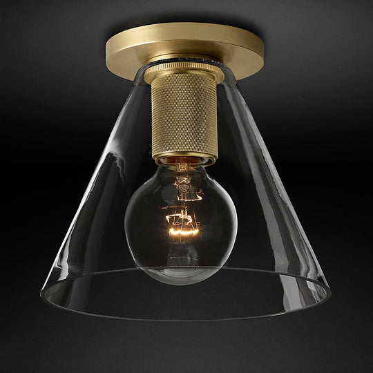 Simple Transparent Glass Geometric Flushmount Ceiling Light - 1-Light Aisle Fixture Brass / Cone