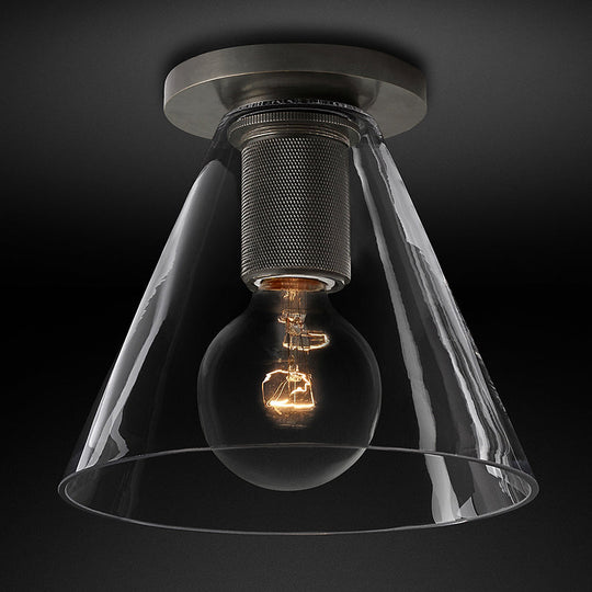 Simple Transparent Glass Geometric Flushmount Ceiling Light - 1-Light Aisle Fixture Black / Cone