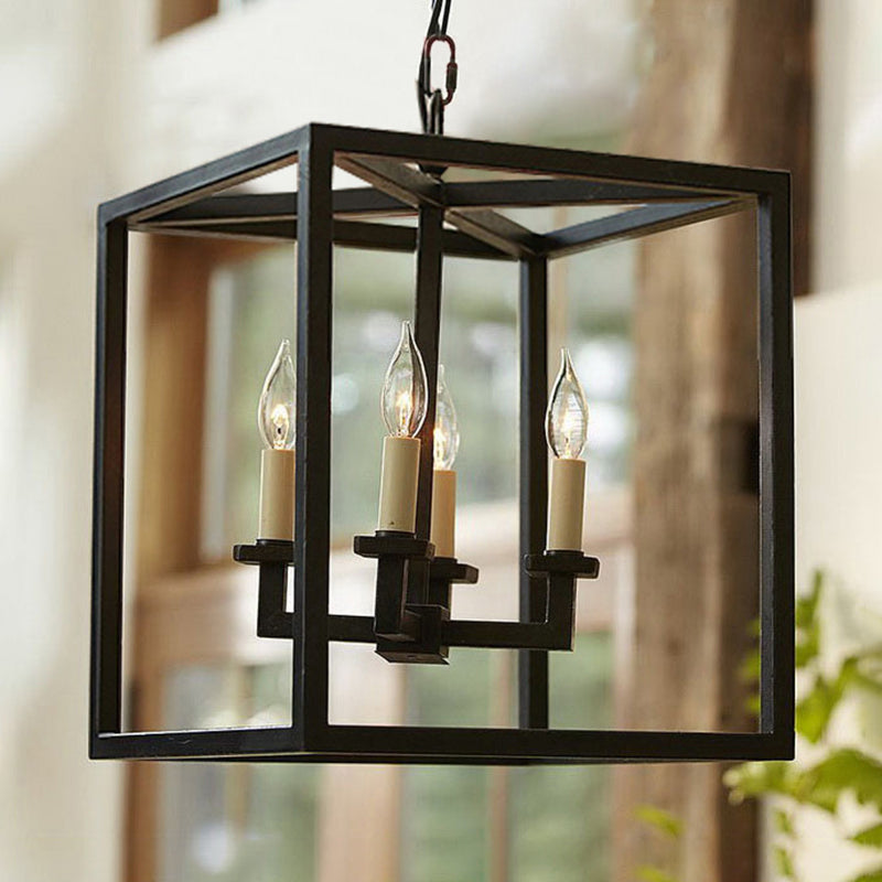 Vintage 4-Light Cubic Chandelier With Cage Shade - Small Black Metal Hanging Lamp For Bathroom