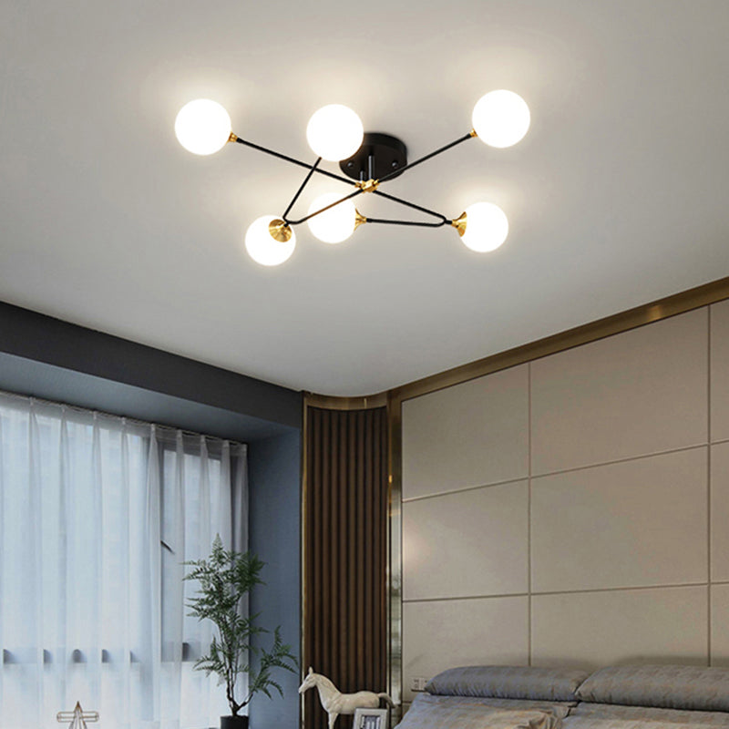 Modern Nordic Black-Brass Semi Flush Mount Chandelier For Bedroom Lighting With Milky Glass Ball 6 /