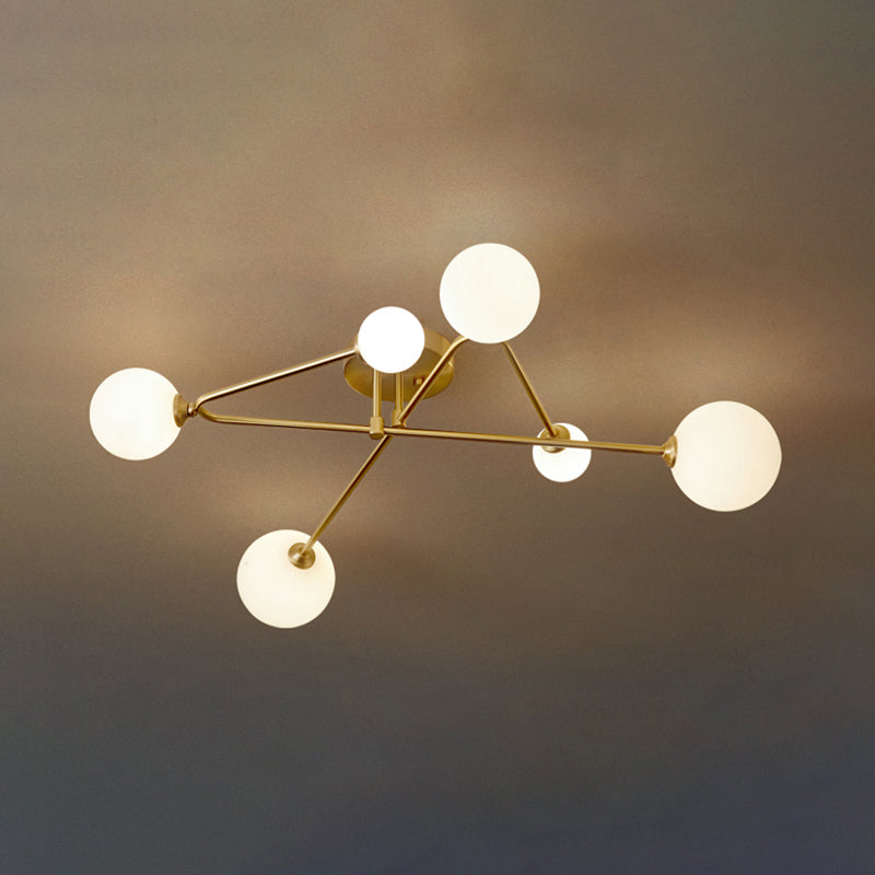 Postmodern Brass Semi Flush Mount Fixture - Orb Shaped Milk Glass Ceiling Light 6 /