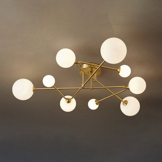 Postmodern Brass Semi Flush Mount Fixture - Orb Shaped Milk Glass Flush Ceiling Light