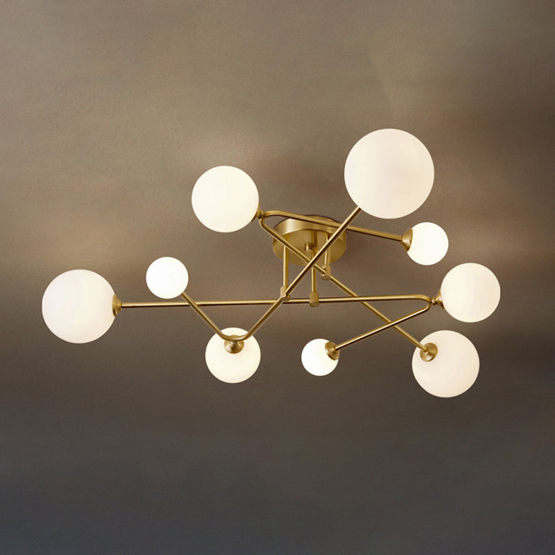 Postmodern Brass Semi Flush Mount Fixture - Orb Shaped Milk Glass Ceiling Light