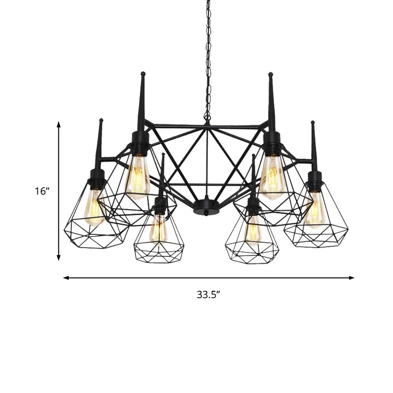 Industrial Cage Diamond Iron Chandelier Pendant Light with Adjustable Chain - Retro Multi-Light Ceiling Lamp (Black)