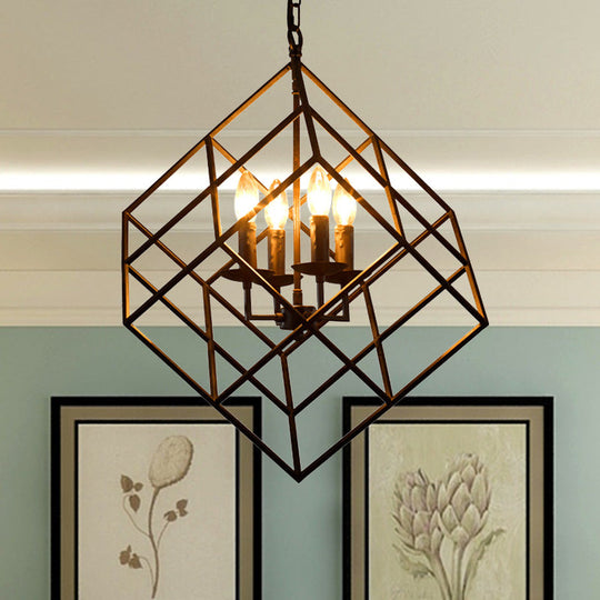 Rustic Iron Chandelier Pendant with 4 Lights - Vintage Loft Hanging Lamp for Restaurants, Cubic Cage Design in Black