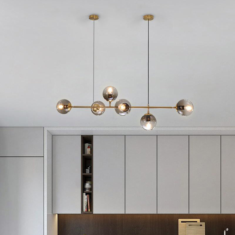 Minimalist Brass Ball Island Lamp: 6-Bulb Suspension Light With Glass Shade - Perfect For
