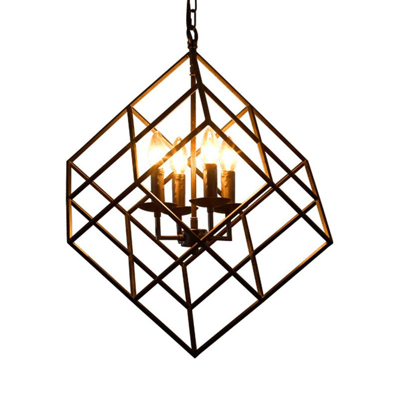 Rustic Iron Chandelier Pendant with 4 Lights - Vintage Loft Hanging Lamp for Restaurants, Cubic Cage Design in Black