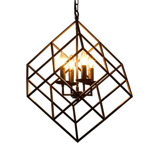 Retro Loft Cubic Cage Iron Chandelier - 4 Lights Pendant Light Stylish Restaurant Hanging Lamp In