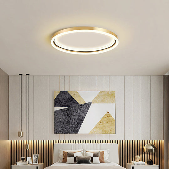 Golden Led Flush Mounted Lamp For Bedroom - Simplicity Aluminum Ring Ceiling Mount Light