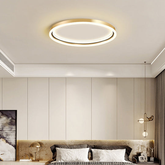 Golden Led Flush Mounted Lamp For Bedroom - Simplicity Aluminum Ring Ceiling Mount Light