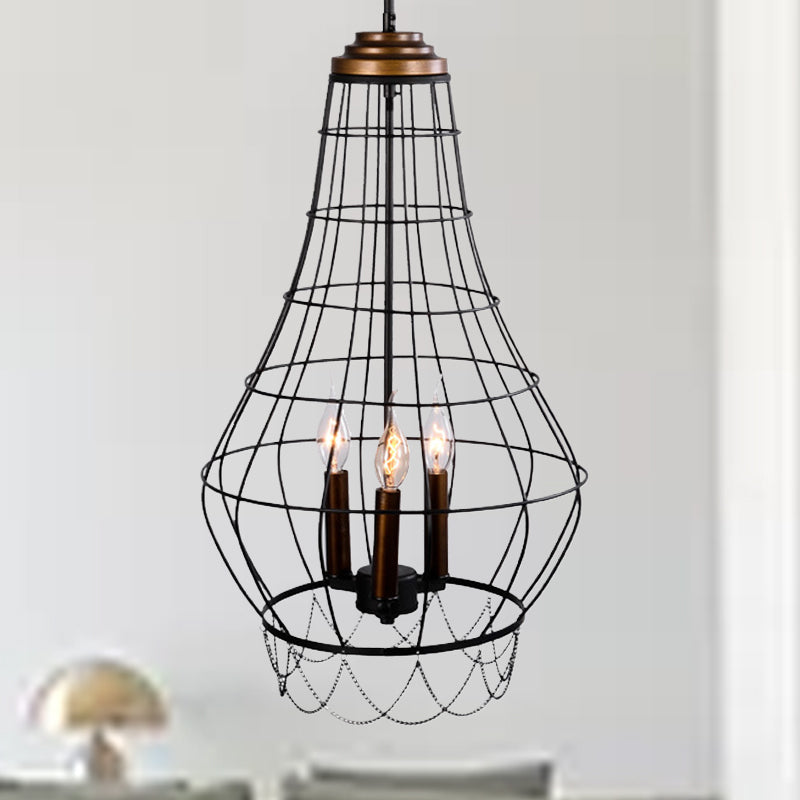 Industrial Metal Wire Guard Drop Light with 3 Black Finish Pendant Lights - Stylish Balcony Lamp with Candle Design