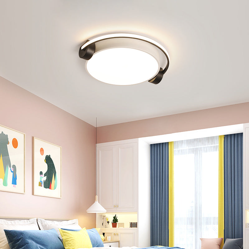 Nordic Acrylic Black-White Flush Mounted Light for Dorm Room - Ceiling Lamp with Figure Wearing Headphone Design