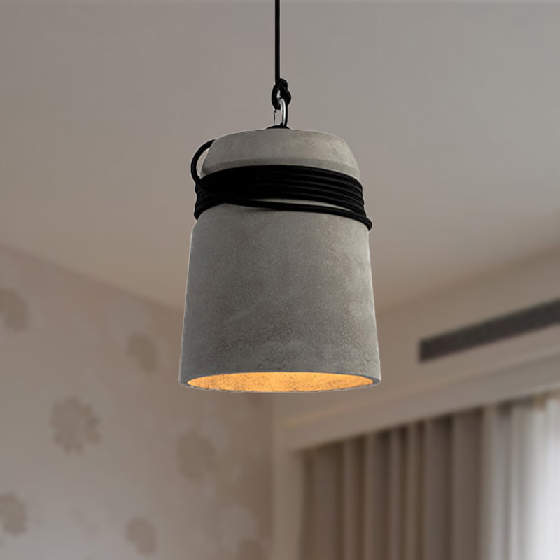 Industrial Concrete Bell Shade Pendant Ceiling Light - 1 Light Grey Hanging Ceiling Fixture with Rope Accent