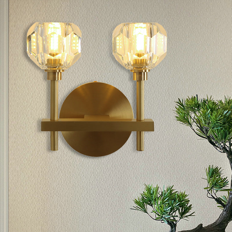 Clear Crystal Dome Wall Light Fixture - Modern Brass Finish 1/2-Light Living Room Lamp