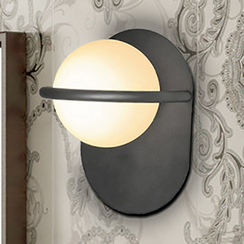 Modern Milk Glass Wall Light With Oval Metal Backplate In Black/Gold For Bedroom Sconce Lighting