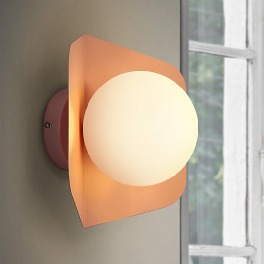 Kids Metal Glass Wall Sconce With Orb Shade: Candy Color Lighting For Child Bedroom Pink