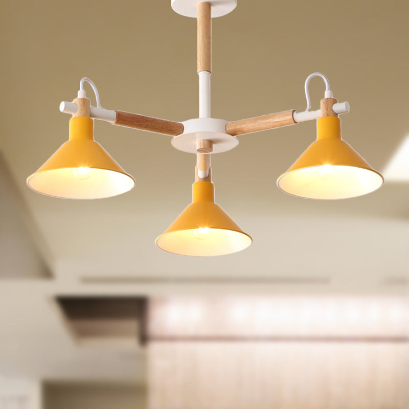 Horn Shape Pendant Lights - Macaroon Metal & Wood Fixture 3 Bulbs For Dining Room Kid Bedroom