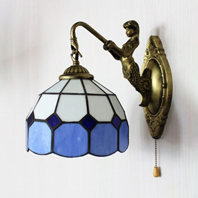 Dome White Glass Wall Mount Light Baroque Blue Sconce With Pull Chain - 6/8 Wide
