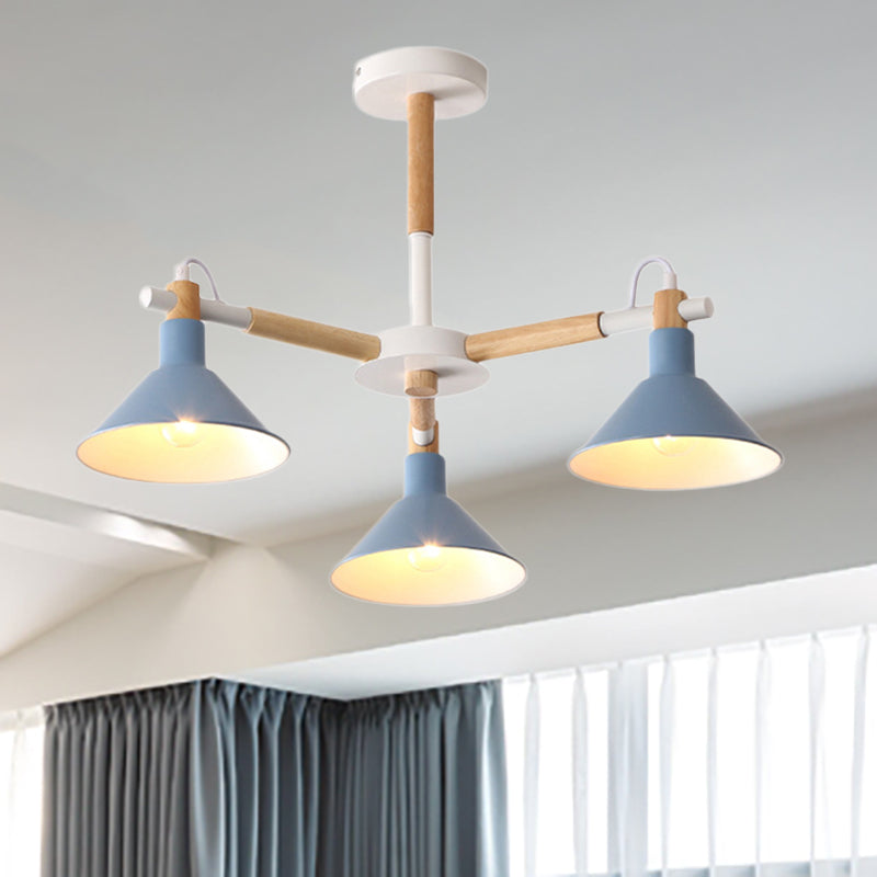Horn Shape Pendant Lights - Macaroon Metal & Wood Fixture 3 Bulbs For Dining Room Kid Bedroom Blue