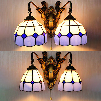 Baroque Blue Glass Wall Sconce Light Antique Brass Finish 6/8 Wide With Grid Pattern