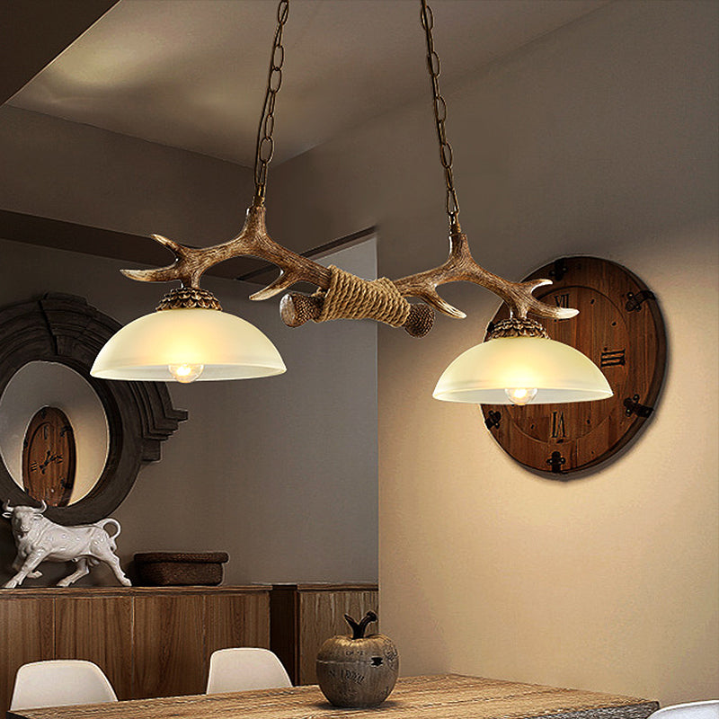 Brown Glass Island Lamp - 2-Bulb Suspension Light For Restaurants With Traditional Design