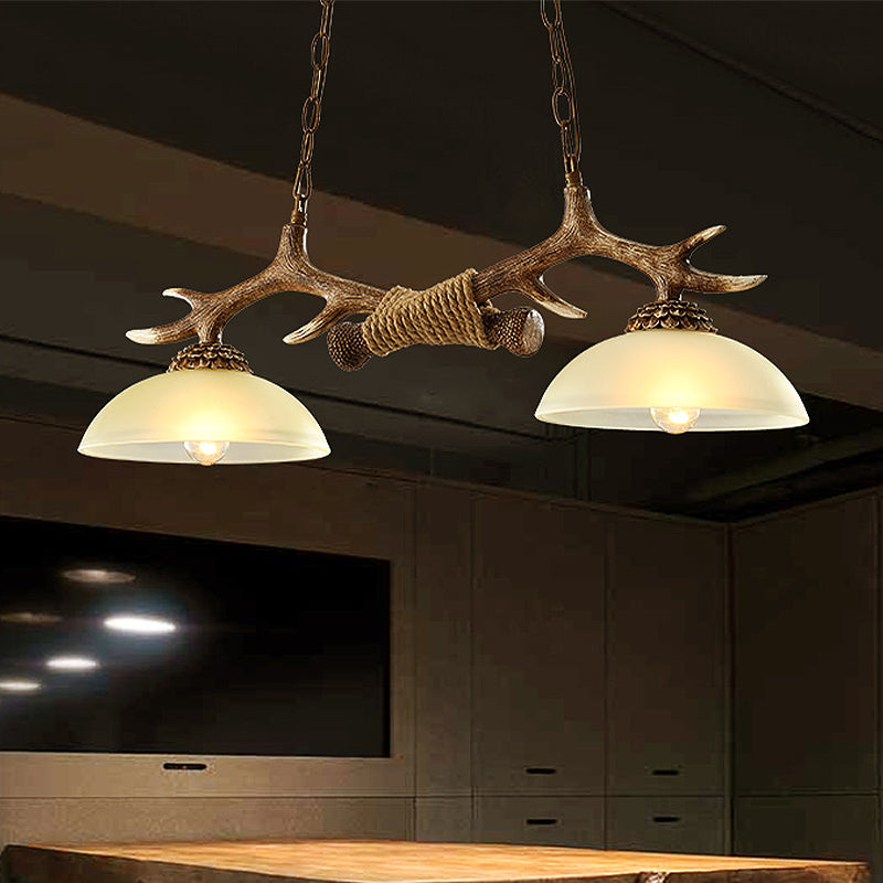 Brown Glass Island Lamp - 2-Bulb Suspension Light For Restaurants With Traditional Design