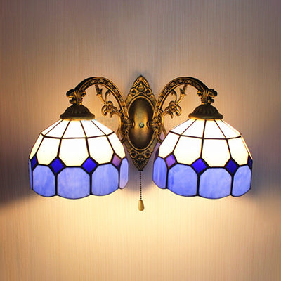 Blue Stained Glass Dome Wall Lamp - Nautical 2 Heads 6/8 W Pull Chain Ideal For Bedroom / 8