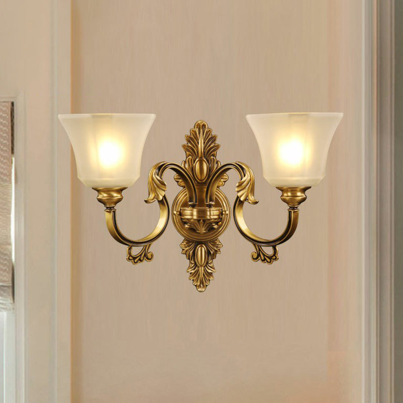 Traditional Bronze 2-Bulb Wall Sconce With Curved Arm And Bell White Glass Shade