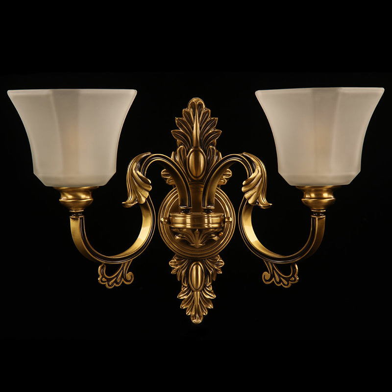 Traditional Bronze 2-Bulb Wall Sconce With Curved Arm And Bell White Glass Shade