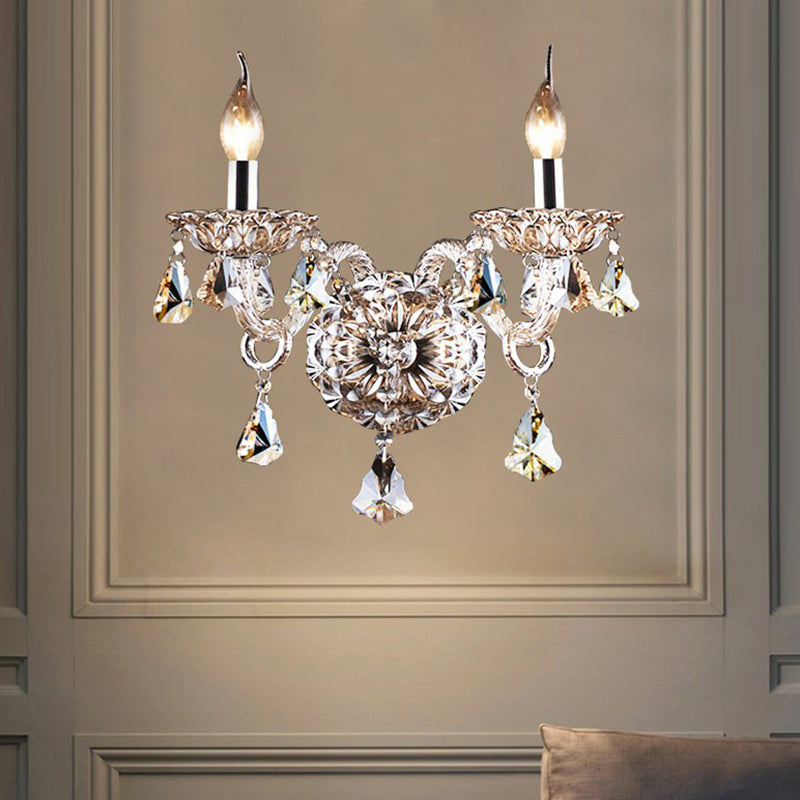 Traditional Cognac Crystal Wall Sconce Light Fixture For Bedroom - 2-Head Candle