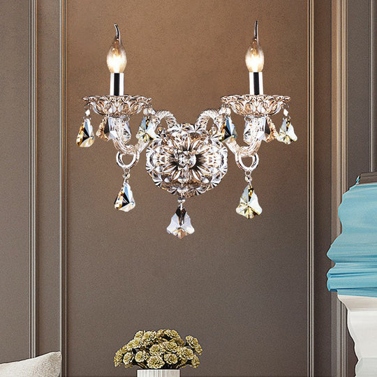 Traditional Cognac Crystal Wall Sconce Light Fixture For Bedroom - 2-Head Candle