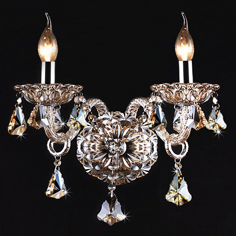 Traditional Cognac Crystal Wall Sconce Light Fixture For Bedroom - 2-Head Candle