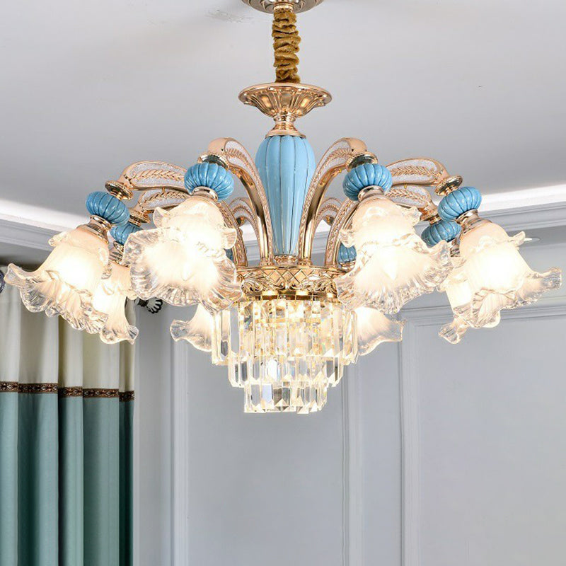 Frosted White Glass Chandelier: Antique Floral Ceiling Light For Bedroom In Blue 8 / Without Crystal