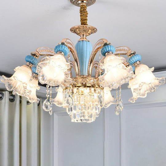 Frosted White Glass Chandelier: Antique Floral Ceiling Light For Bedroom In Blue 8 / With Crystal