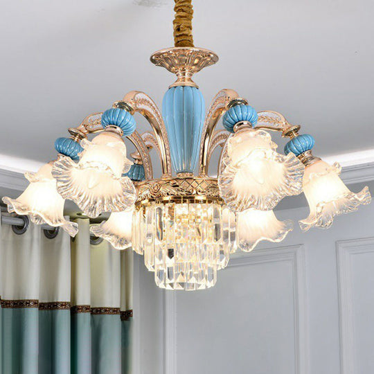 Frosted White Glass Chandelier: Antique Floral Ceiling Light For Bedroom In Blue 6 / Without Crystal