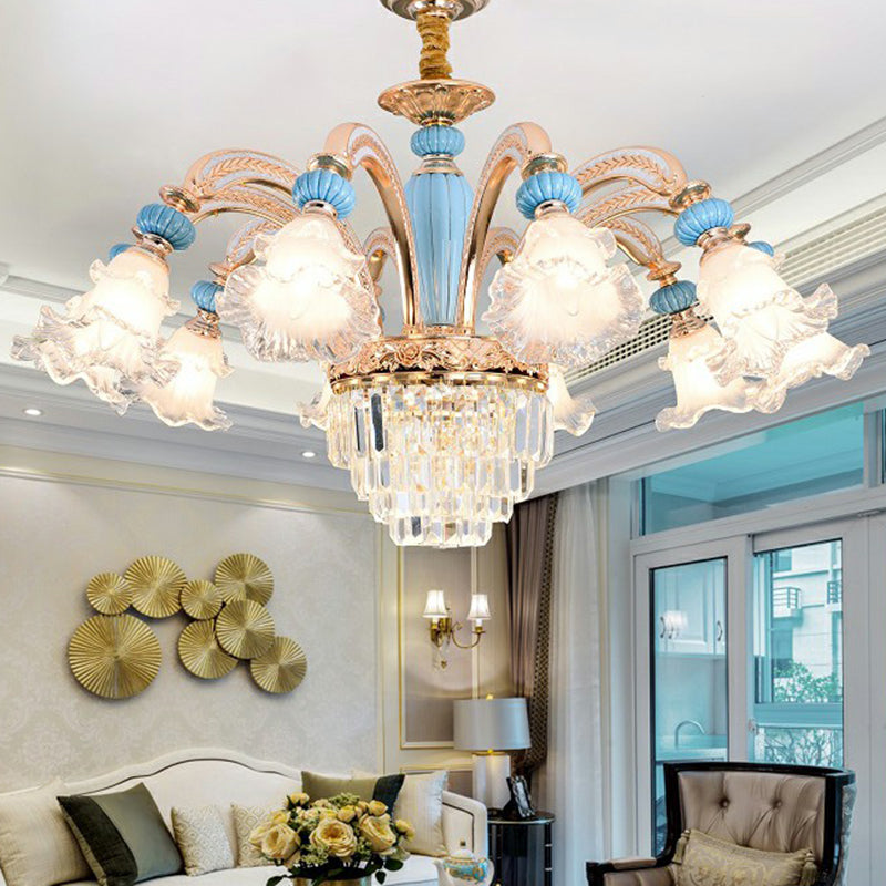 Frosted White Glass Chandelier: Antique Floral Ceiling Light For Bedroom In Blue