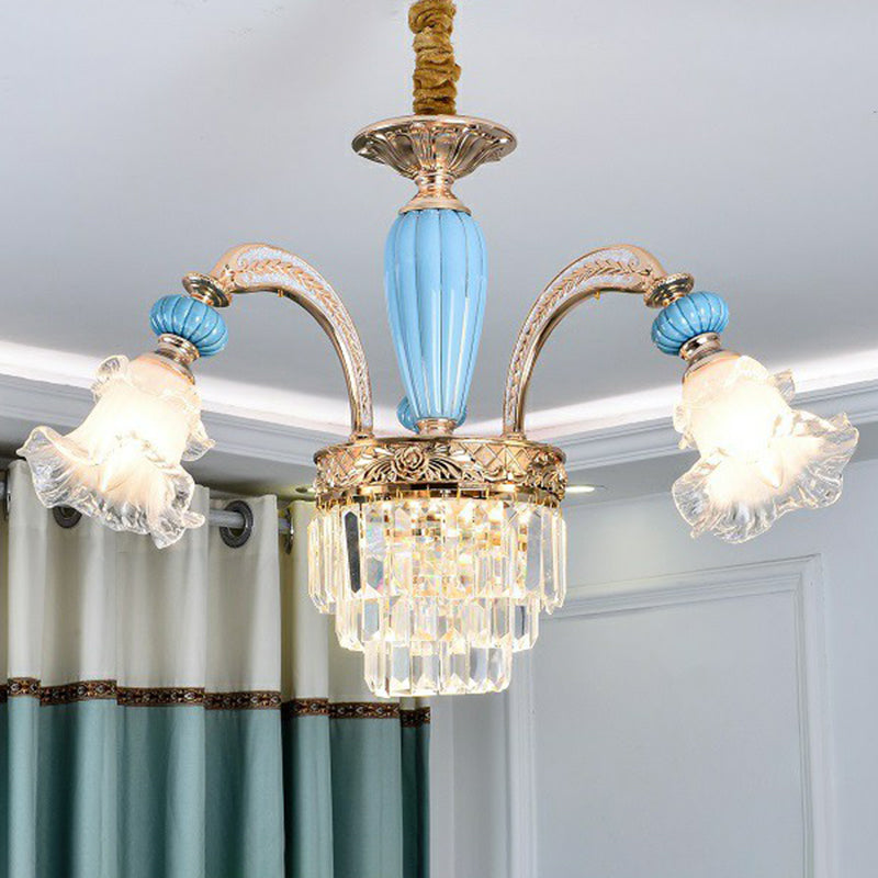 Frosted White Glass Chandelier: Antique Floral Ceiling Light For Bedroom In Blue 3 / Without Crystal
