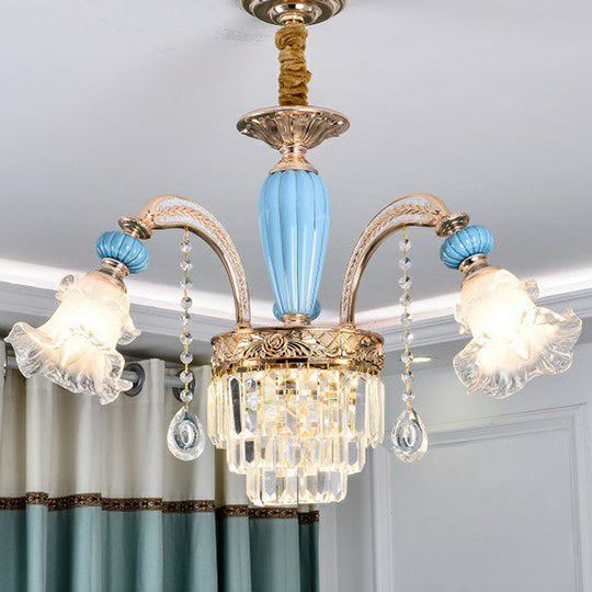 Frosted White Glass Chandelier: Antique Floral Ceiling Light For Bedroom In Blue 3 / With Crystal