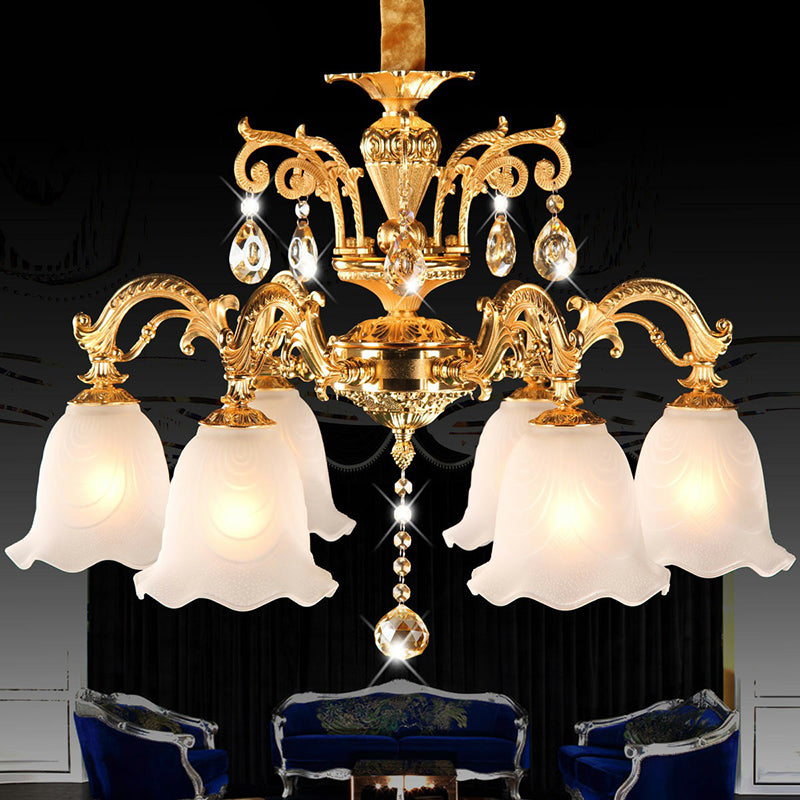 6-Head Gold Flower Down Lighting Chandelier With Crystal Teardrops - Traditional Cream Glass Perfect