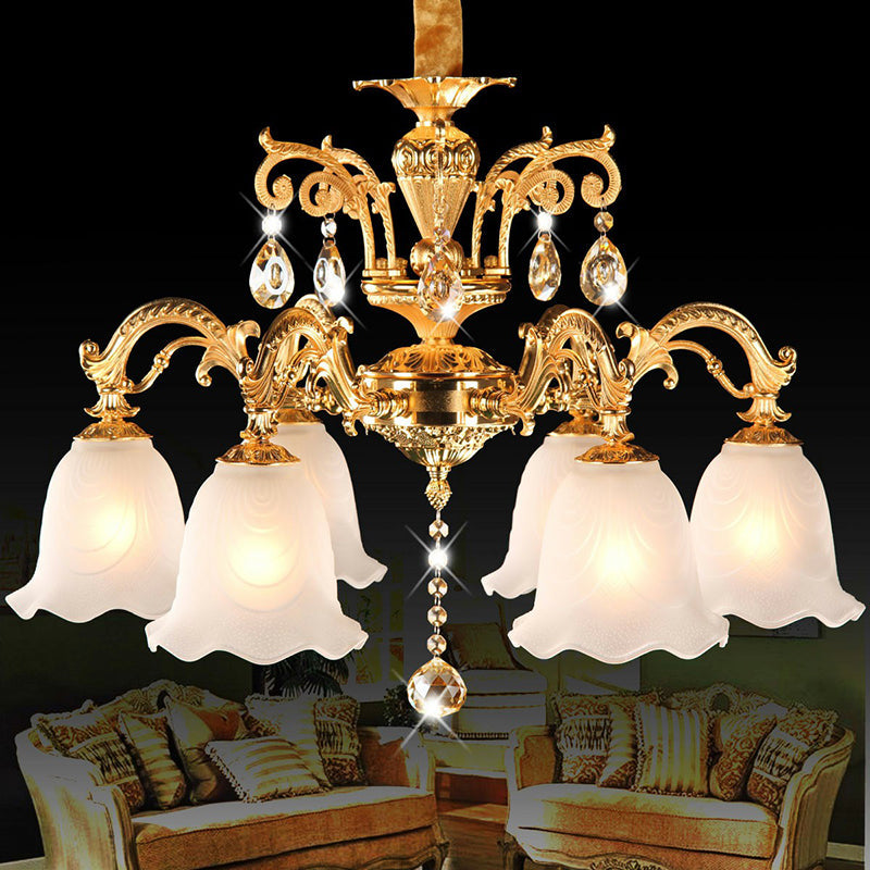 6-Head Gold Flower Down Lighting Chandelier With Crystal Teardrops - Traditional Cream Glass Perfect
