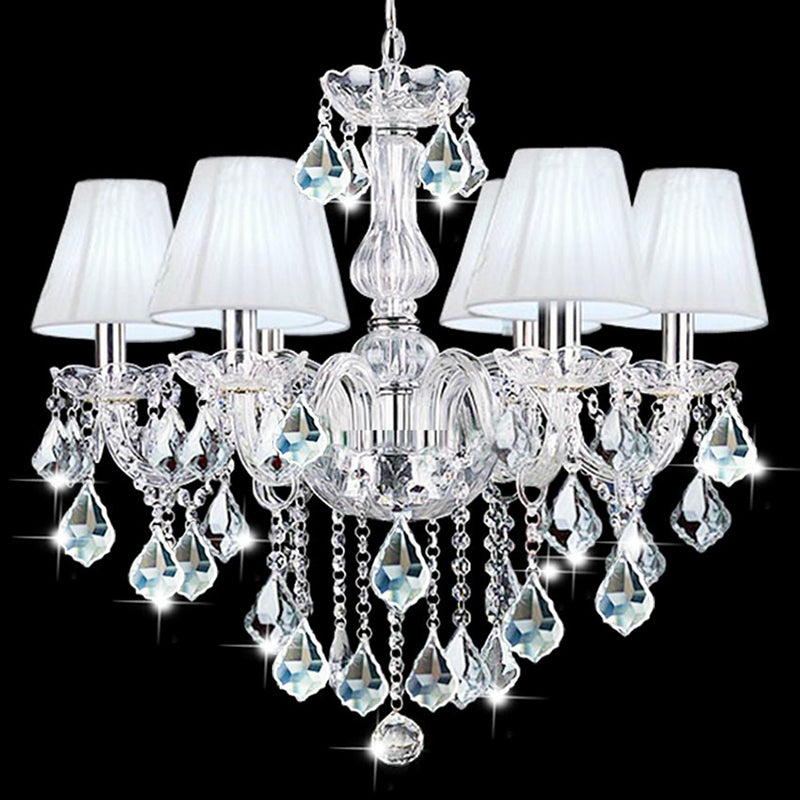 White Pleated Fabric Chandelier With Crystal Pendalogues - Transitional Pendant Light 6 / Chrome