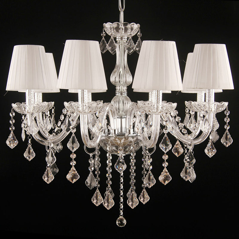 White Pleated Fabric Chandelier With Crystal Pendalogues - Transitional Pendant Light 8 / Chrome