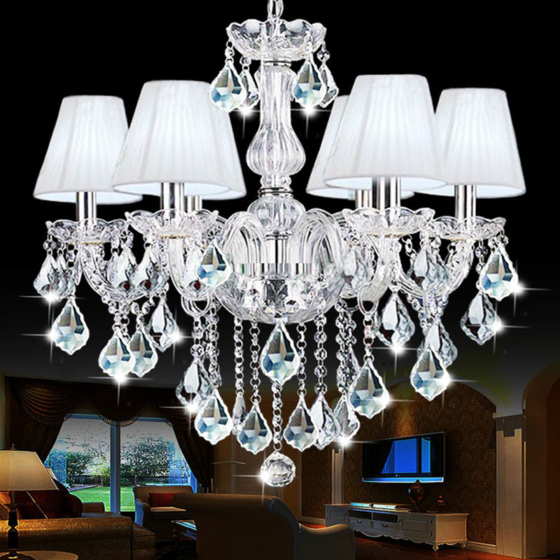 White Pleated Fabric Chandelier With Crystal Pendalogues - Transitional Pendant Light
