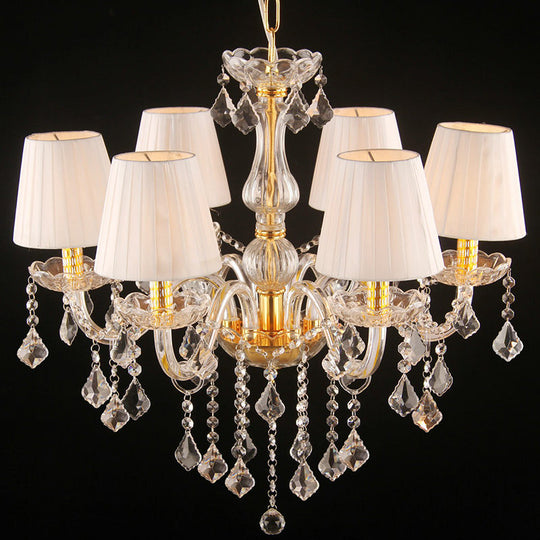 White Pleated Fabric Chandelier With Crystal Pendalogues - Transitional Pendant Light 6 / Gold