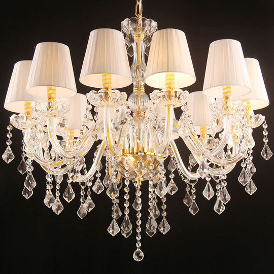 White Pleated Fabric Chandelier With Crystal Pendalogues - Transitional Pendant Light 10 / Gold