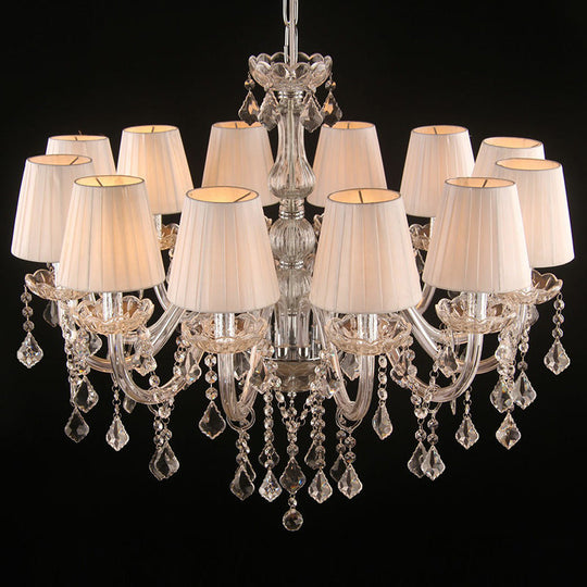 White Pleated Fabric Chandelier With Crystal Pendalogues - Transitional Pendant Light 12 / Chrome