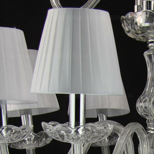 White Pleated Fabric Chandelier With Crystal Pendalogues - Transitional Pendant Light